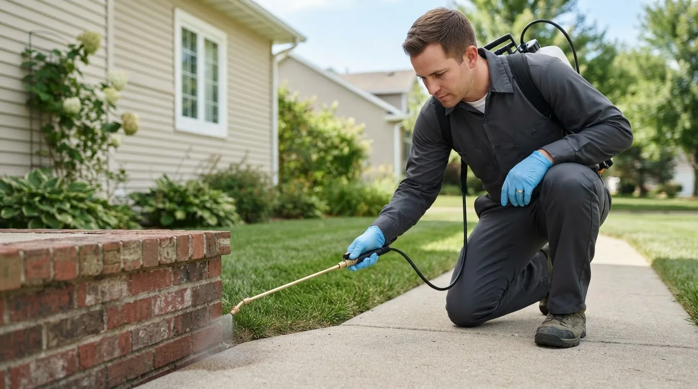 Pest control technician treating a home near Earlysville, VA